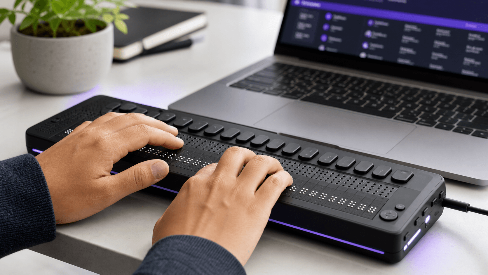 Hands using a braille keyboard and refreshable braille display connected to a laptop.