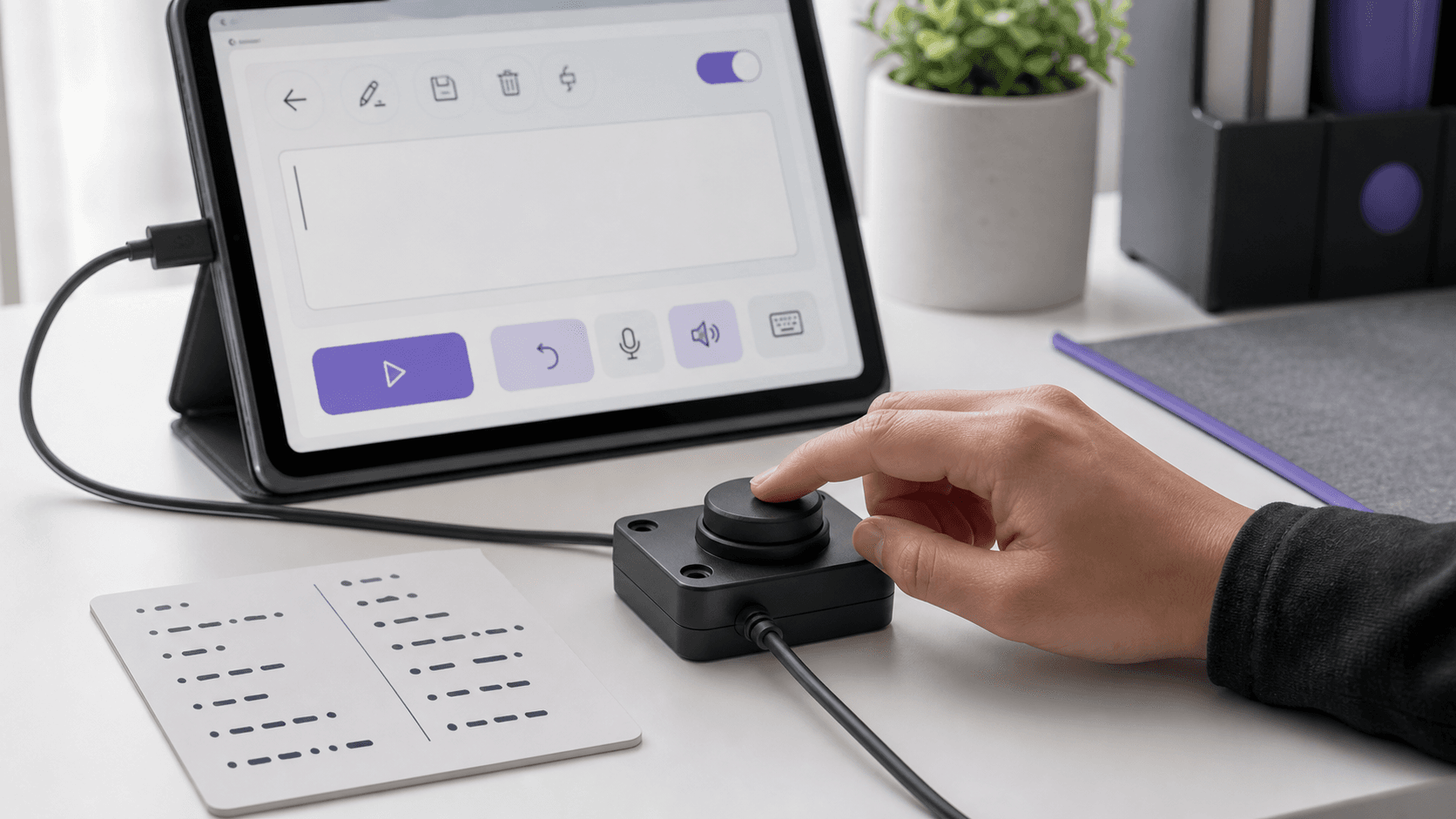 A hand pressing a single assistive switch beside a tablet text-entry interface and dot-dash reference card.